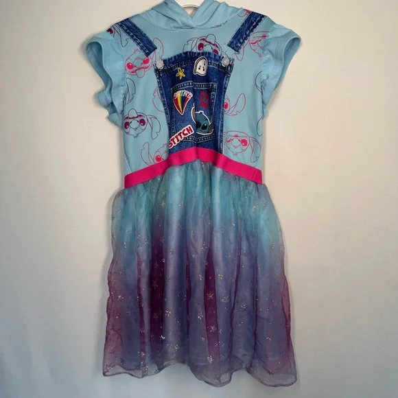 💜3/$15 Disney Lilo & Stitch Girls Tulle Tutu Dress Hoodie Blue Purple Patches L - Picture 2 of 11